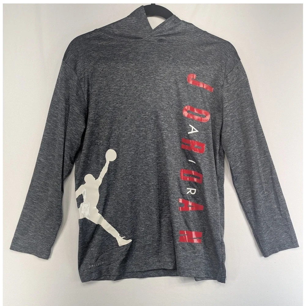Jordan Boys Dri-FIT Hooded Long Sleeve Shirt Gray Jumpman Graphic Large 12-13Y